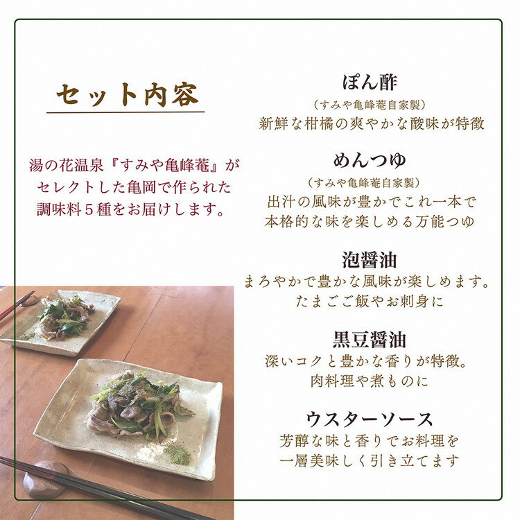 【ふるさと納税】調味料 5本セット ぽん酢＆めんつゆ＆醤油＆ソースセット すみや亀峰菴セレクト 食べ比べ ギフト 贈答用 調味料 詰合せ 国産 湯豆腐 水炊き サムネイル2