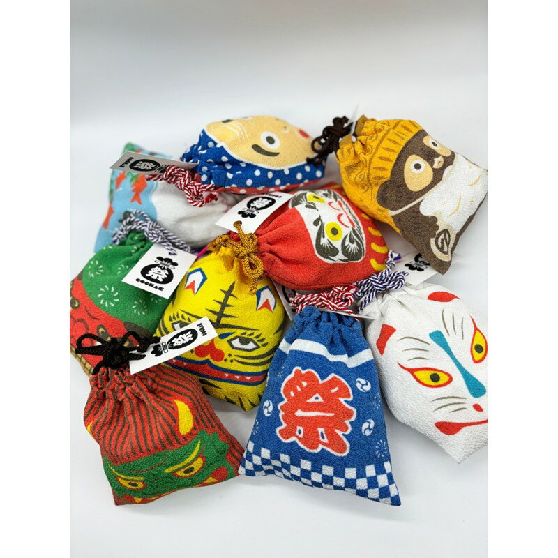 丹後ちりめん 祭巾着 約17cm x 13cm ひょっとこおかめ だるま きつね ししまい とら おに はっぴ きんぎょ たぬき