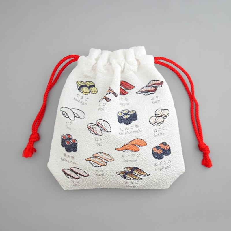 【ふるさと納税】丹後ちりめん　にほんご巾着 「sushi（寿司）」 「izakaya（居酒屋）」「yatai（屋台）」 「wagashi（和菓子）」 サイズ：約13.5cm×17.5cm サムネイル2