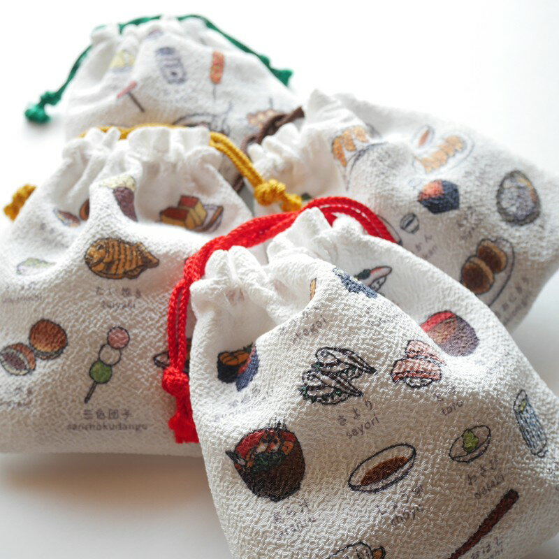 丹後ちりめん　にほんご巾着 「sushi（寿司）」 「izakaya（居酒屋）」「yatai（屋台）」 「wagashi（和菓子）」 サイズ：約13.5cm×17.5cm