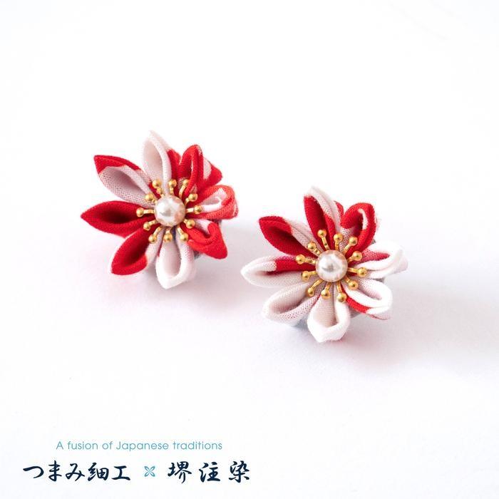 【ふるさと納税】花舞うイヤリング「つまみ細工×堺注染」（赤） サムネイル2