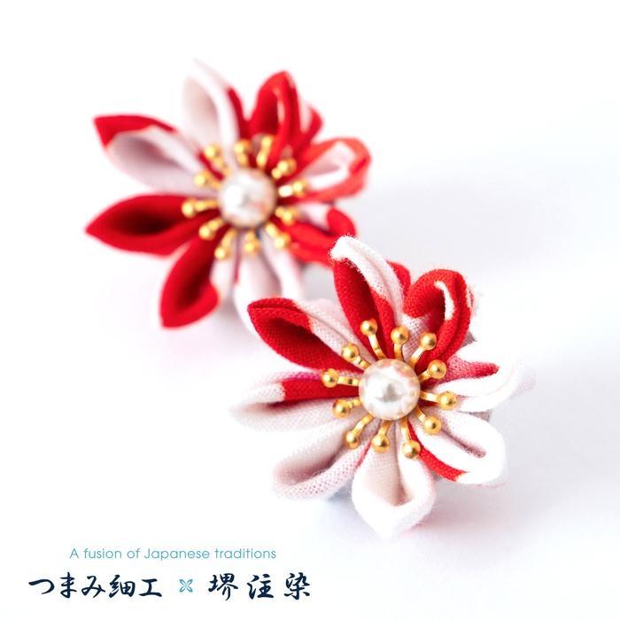【ふるさと納税】花舞うイヤリング「つまみ細工×堺注染」（赤） サムネイル3