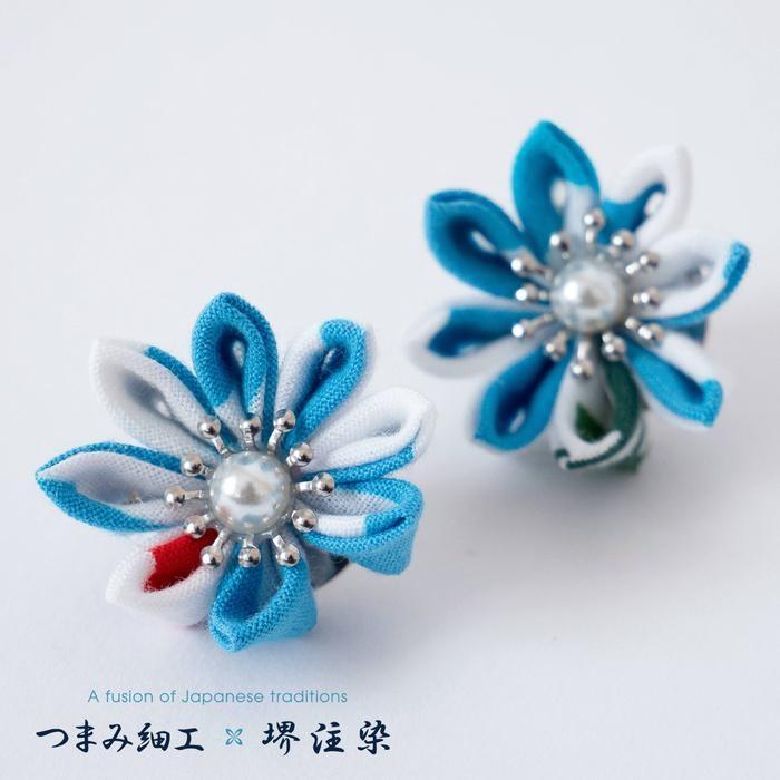 【ふるさと納税】花舞うイヤリング「つまみ細工×堺注染」（青） サムネイル3