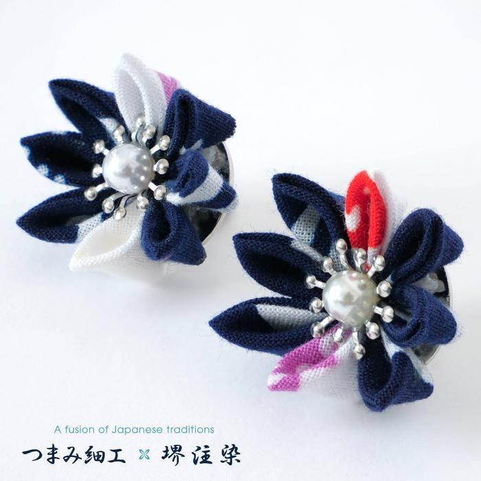 【ふるさと納税】花舞うイヤリング「つまみ細工×堺注染」（紺） サムネイル3