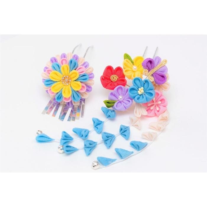 ふっくら、はんなり七五三つまみ細工かんざし（青・黄）