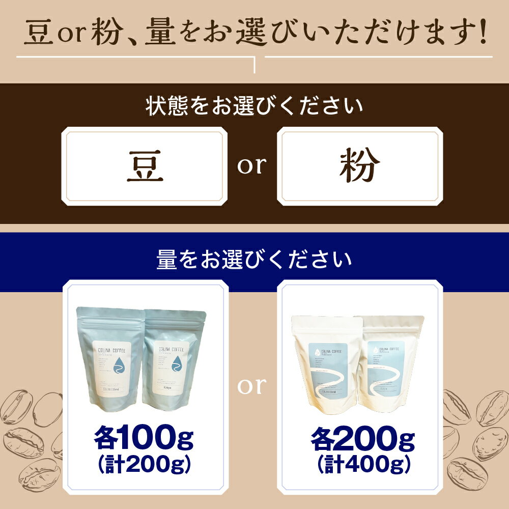 【ふるさと納税】コリナブレンド & 店舗おすすめコーヒー豆 選べる種類 ( 豆 / 粉 ) 選べる容量 ( 計200g / 計400g ) スペシャルティコーヒー オリジナルブレンド コーヒー 粉 豆 珈琲 ギフト ブレンド 贈り物 贈答 プレゼント 大阪府 吹田市 サムネイル2