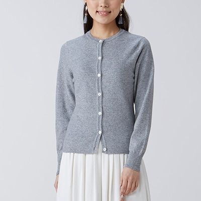 日本製 カシミヤ100% レディース クルーカーディガン ライトグレー 2Lサイズ｜敬老の日 お歳暮 御歳暮 贈答品 ギフト 誕生日プレゼント 贈り物 父の日 母の日 [2568]