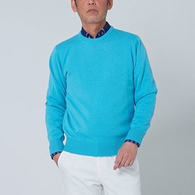 日本製 カシミヤ100% クルーネック ターコイズブルー Lサイズ｜敬老の日 お歳暮 御歳暮 贈答品 ギフト 誕生日プレゼント 贈り物 父の日 母の日 お年賀 寒中見舞い クリスマス お見舞 [2619]