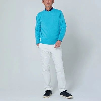 【ふるさと納税】日本製 カシミヤ100% クルーネック ターコイズブルー Lサイズ｜敬老の日 お歳暮 御歳暮 贈答品 ギフト 誕生日プレゼント 贈り物 父の日 母の日 お年賀 寒中見舞い クリスマス お見舞 [2619] サムネイル2