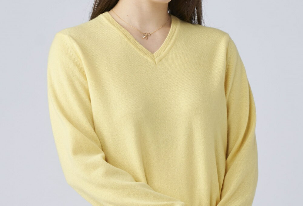 【ふるさと納税】日本製 カシミヤ100% レディース Vネック イエロー Lサイズ｜敬老の日 お歳暮 御歳暮 贈答品 ギフト 誕生日プレゼント 贈り物 父の日 母の日 お年賀 寒中見舞い クリスマス お見舞 [2563] サムネイル3