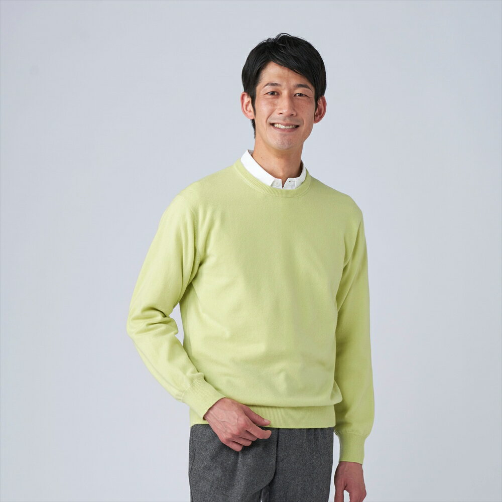 日本製 カシミヤ100% クルーネック ライトグリーン 2Lサイズ｜敬老の日 お歳暮 御歳暮 贈答品 ギフト 誕生日プレゼント 贈り物 父の日 母の日 お年賀 寒中見舞い クリスマス お見舞 [2652]
