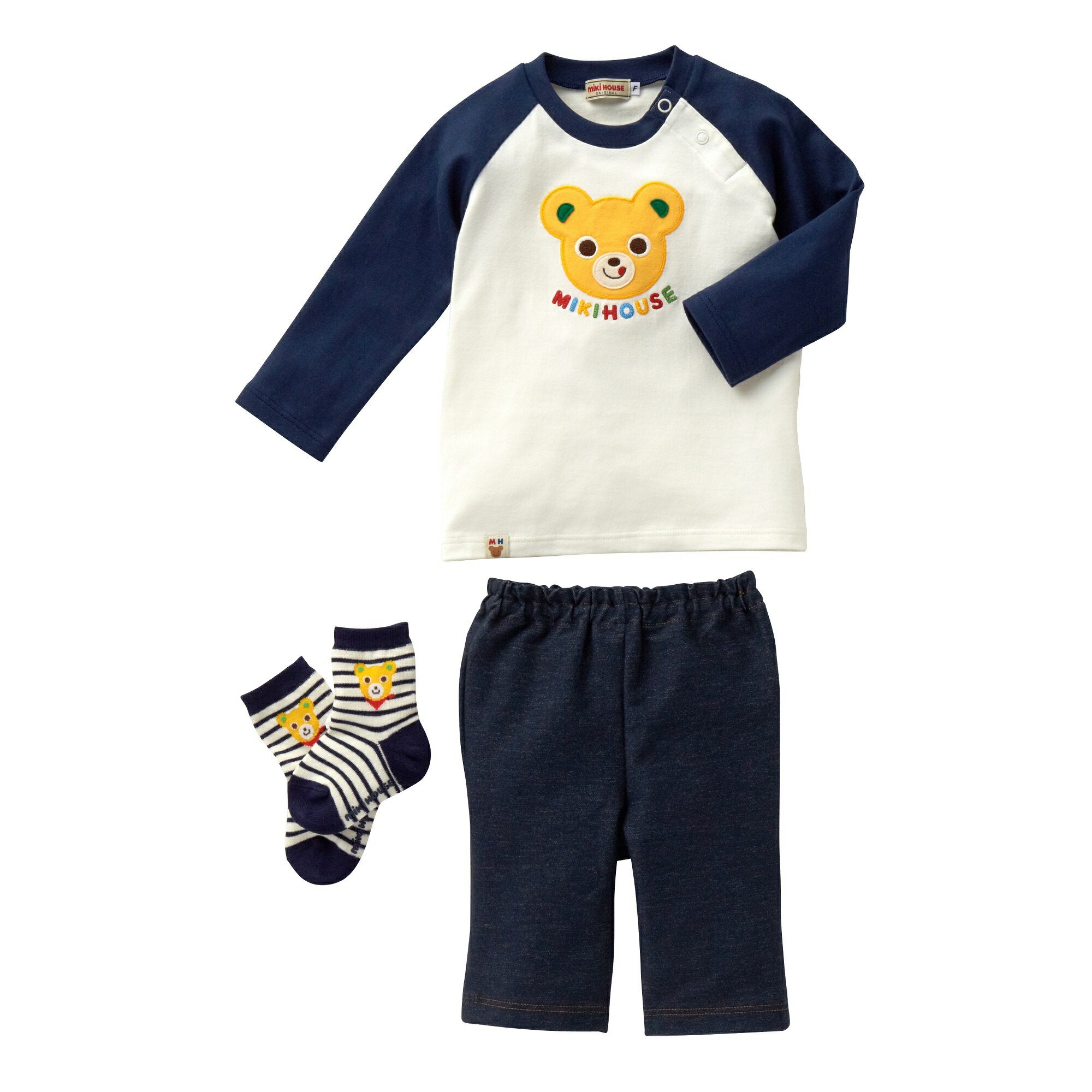 L106 ミキハウス プッチ―のお顔Tシャツセット【mikihouse ベビー ベビー服 70cm 紺 赤ちゃん 乳児 0歳 出産 セットアップ 春 秋 大阪府 八尾】