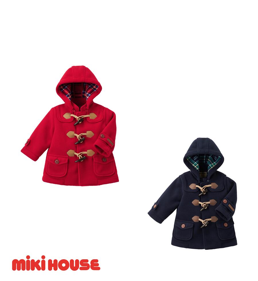 H197 ミキハウス フリースダッフルコート(赤・紺) 90~120cm【mikihouse ダッフル コート アウター こども こども服 キッズ 冬 フリース 90 100 110 120 cm 赤 レッド 紺 ネイビー フード取りはずし 暖かい 大阪 八尾市】