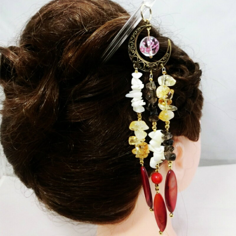 天然石簪（かんざし）「RaspberryMoon(紅の月)」