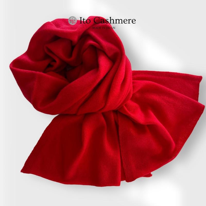 100％ピュアカシミヤ マフラー フリンジ無し レッド