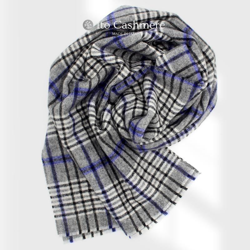 100％ピュアカシミヤ・マフラー フリンジ無し グレーチェック