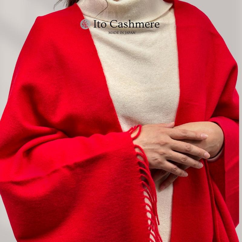 【ふるさと納税】100％ピュアカシミヤ・大判ストール フリンジ付き レッド サムネイル2