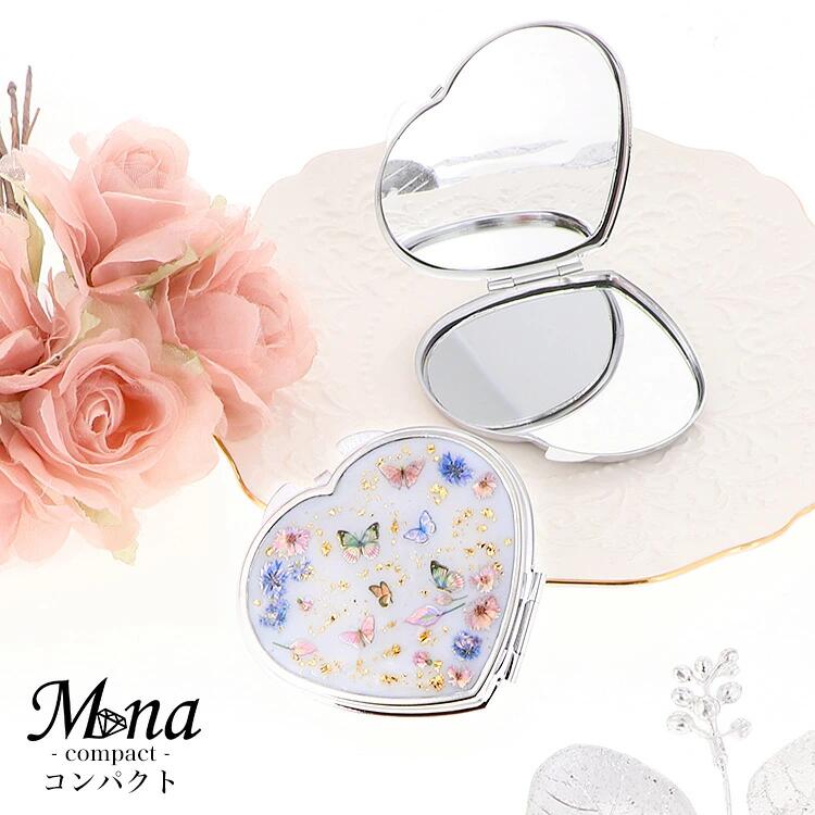きらめくコンパクトミラー ホログラムの蝶と金箔の相性抜群【グローバタフライ／compact-16】｜コンパクトミラー ミラー ミニ鏡 手鏡 拡大鏡 携帯 おしゃれ かわいい 丸 オシャレ 手作り ギフト プレゼント コンパクト 上品 蝶 バタフライ ハート [1077]