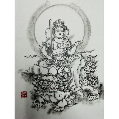 【ふるさと納税】手描きTシャツ 仏画 文殊菩薩 白 (半袖 Lサイズ)【1615174】 サムネイル3