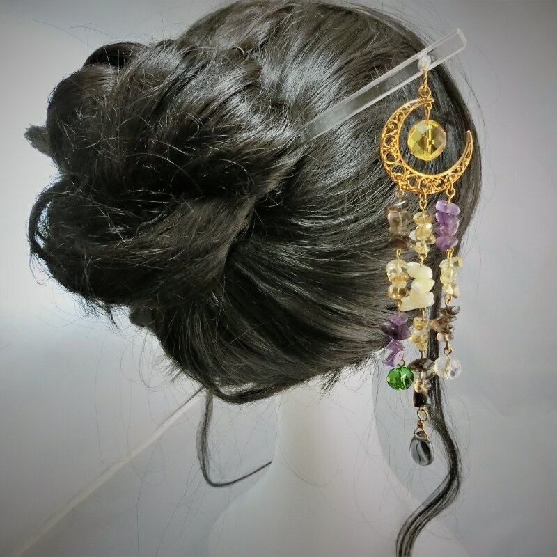 天然石簪(かんざし）「bright moon（霧月）」