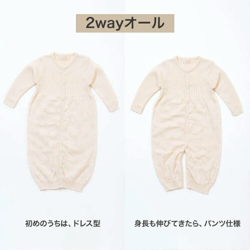 【ふるさと納税】【7営業日程度で発送】【ギフト対応】クローバー柄2WAYオール ＜選べるカラー＞ナチュラル／さくらねずみ（草木染）｜ 身長60cm～70cm ドレス型 パンツ仕様 オーガニックコットン 綿100% ツーウェイ 出産祝い 誕生祝い お祝い 大阪府 阪南市 送料無料 サムネイル2