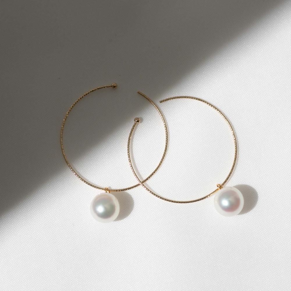 無調色 アコヤ真珠（日本） 7.5mm ラウンド K10 イエローゴールド 30mm(M) フープピアス | パール 真珠 アクセサリー ジュエリー ファッション 人気 おすすめ 送料無料