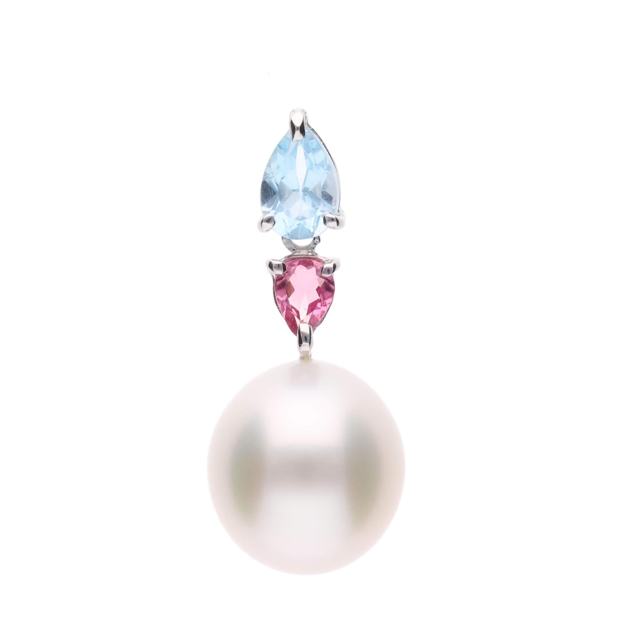 【紫陽花】一粒 シロチョウパール ブルートパーズ ピンクトルマリン ホワイトゴールド ペンダント | 無調色 白蝶真珠（南洋真珠） 10mm K18WG