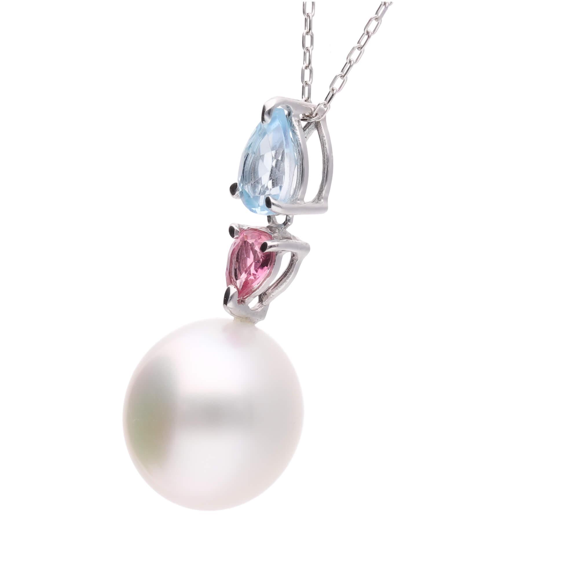 【ふるさと納税】【紫陽花】一粒 シロチョウパール ブルートパーズ ピンクトルマリン ホワイトゴールド ペンダント | 無調色 白蝶真珠（南洋真珠） 10mm K18WG サムネイル2