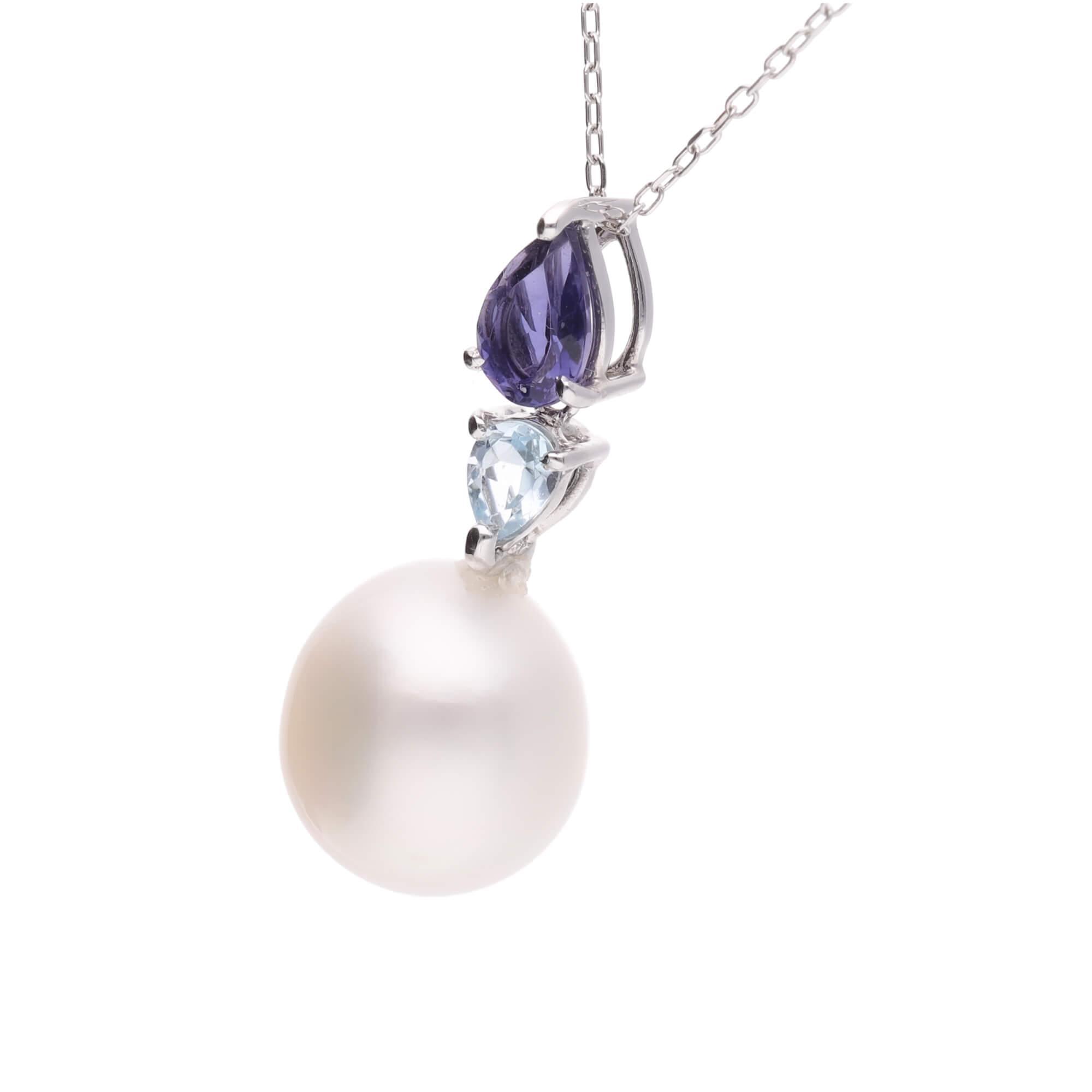 【ふるさと納税】【菫】一粒 シロチョウパール アイオライト ブルートパーズ ホワイトゴールド ペンダント | 無調色 白蝶真珠（南洋真珠） 10mm K18WG サムネイル2