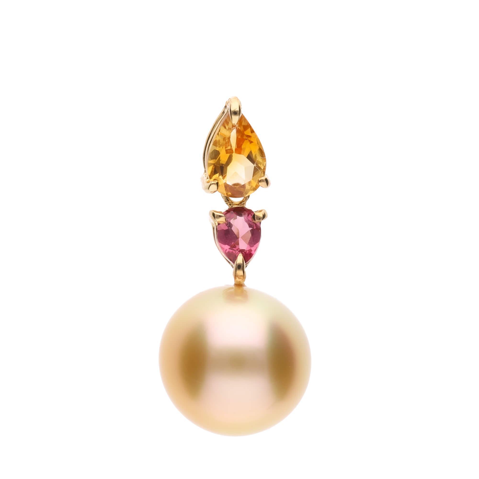 【水仙】一粒 ゴールデンパール シトリン ピンクトルマリン イエローゴールド ペンダント | 無調色 白蝶真珠（南洋真珠） 10mm K18YG