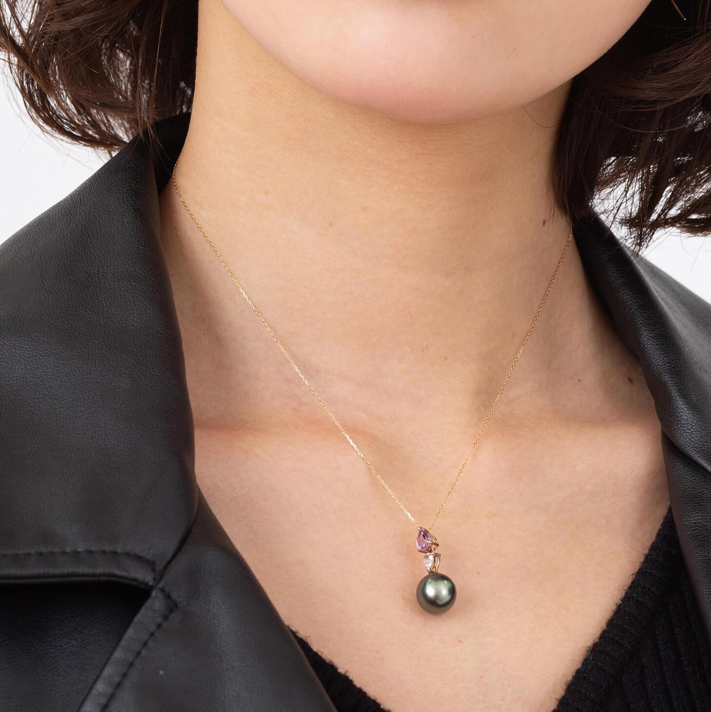 【ふるさと納税】【桔梗】ブラックパール アメジスト ローズクォーツ ピンクゴールド ペンダントトップ｜無調色 黒蝶真珠 タヒチパール 10mm K18PG | 無調色 黒蝶真珠（タヒチアンパール） 10mm K18PG サムネイル2