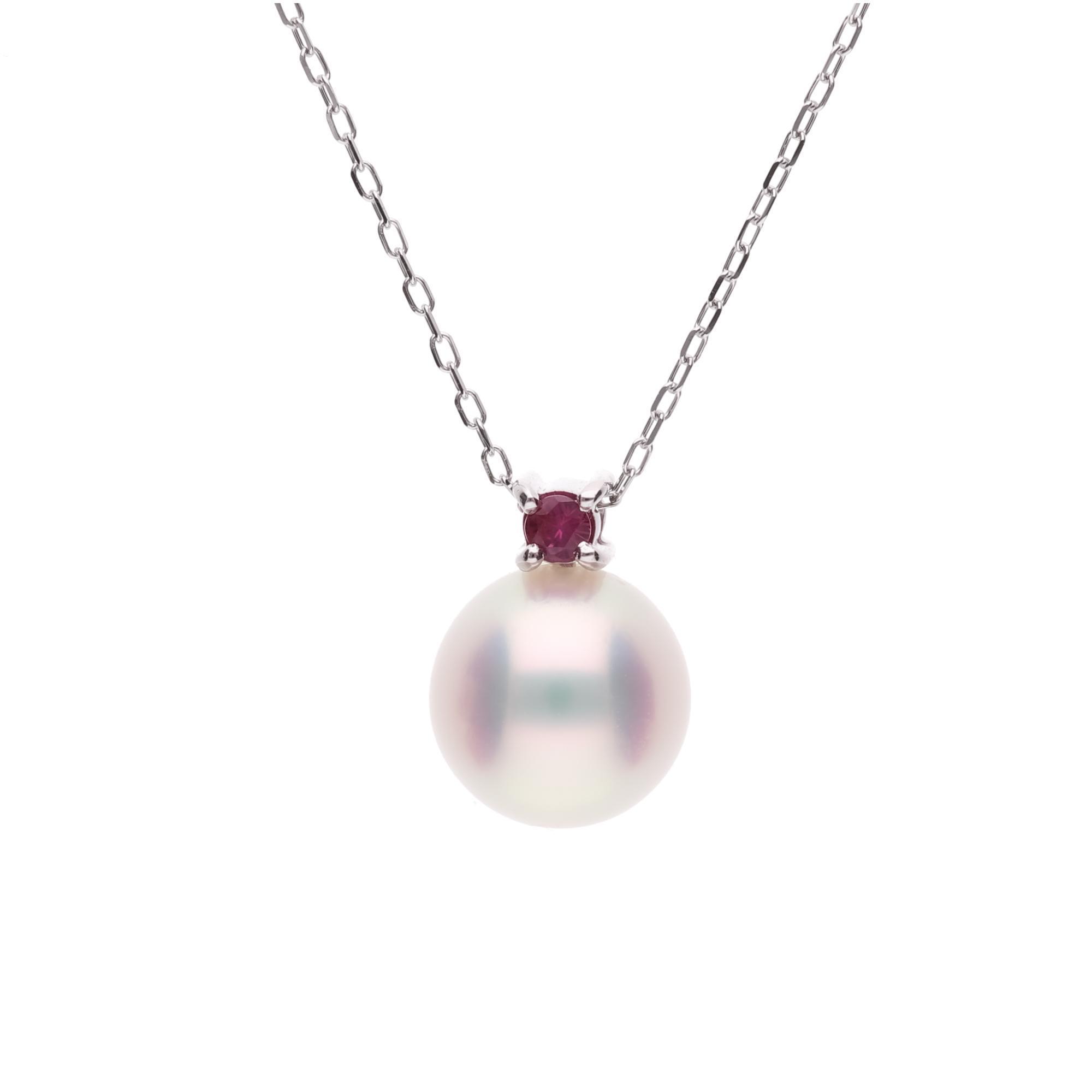 7月 誕生石 ルビー｜アコヤパール ペンダント ネックレス｜無調色 アコヤ真珠 8.0mm K10WG チェーン付き
