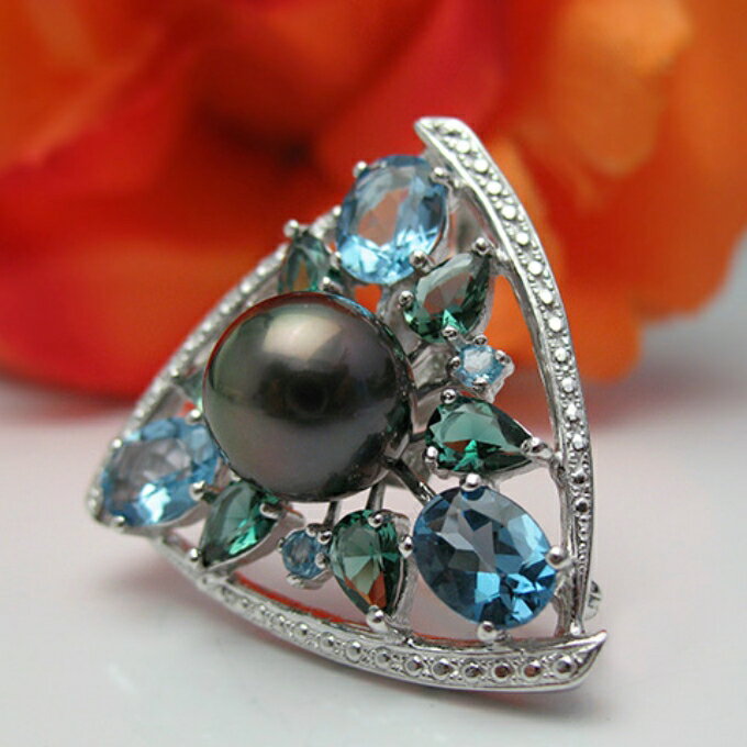 【ふるさと納税】オリジナルブローチ 碧からのラブレター ファッション小物 アクセサリー タヒチ黒蝶真珠 グリーンクォーツ ブルートパーズ サムネイル3