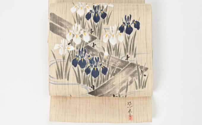 【ふるさと納税】名古屋帯　麻　八橋にカキツバタ柄　お仕立て上がり　お単衣　絽　紗に 和装 伝統技術 ファッション小物 篠原縫製　お届け：ご入金確認後、約2週間ほどで発送いたします。 サムネイル2