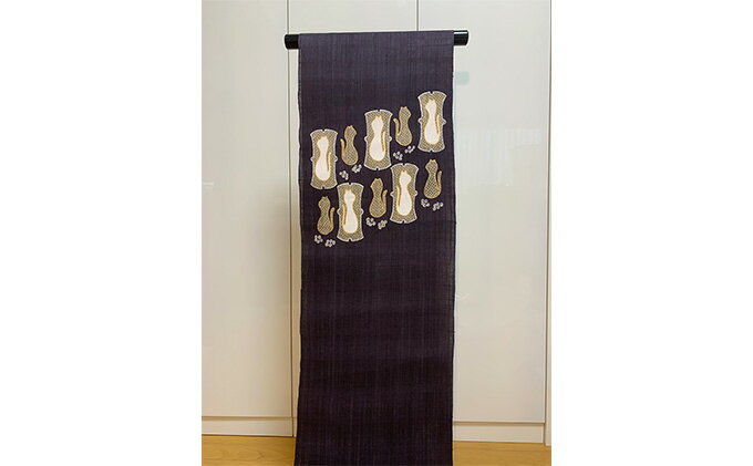 【ふるさと納税】名古屋帯　麻　ネコの柄　お仕立て上がり　お単衣　絽　紗に 和装 ファッション小物 和服 和装小物 着物 誕生日会 訪問着 お出かけ 猫柄 猫好き 猫模様 動物柄 篠原縫製　お届け：ご入金確認後、約2週間ほどで発送いたします。 サムネイル2