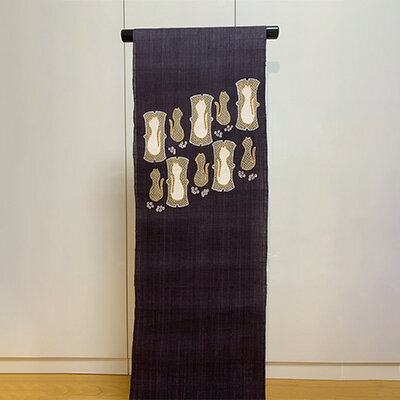 名古屋帯　麻　ネコの柄　お仕立て上がり　お単衣　絽　紗に 和装 ファッション小物 和服 和装小物 着物 誕生日会 訪問着 お出かけ 猫柄 猫好き 猫模様 動物柄 篠原縫製　お届け：ご入金確認後、約2週間ほどで発送いたします。