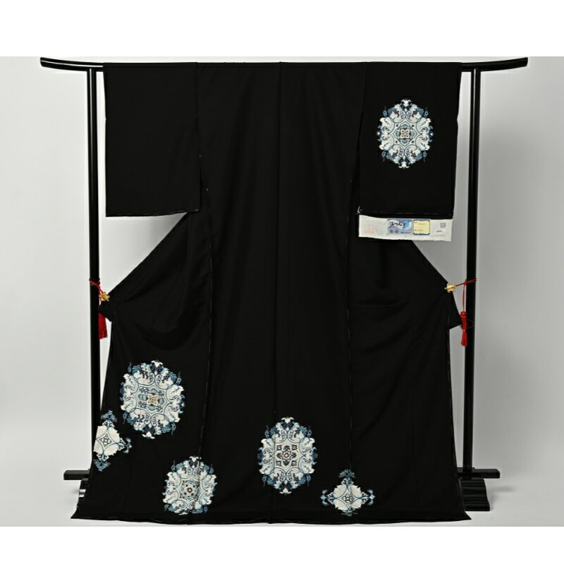 訪問着　黒地　紬　華紋　未仕立て 篠原縫製　お届け：サイズのご連絡を頂いてから約3週間から4週間