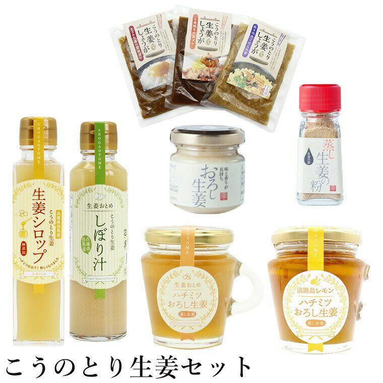 こうのとり生姜セット 9種入り / 刻み生姜の醤油漬け・炊き込みご飯の素・生姜焼きのタレ・生姜シロップ・生姜絞り汁・はちみつおろし生姜・はちみつおろし生姜レモン・蒸し生姜の粉・おろし生姜 / 国産 兵庫県産 生姜 ショウガオール 但馬アグリファーム