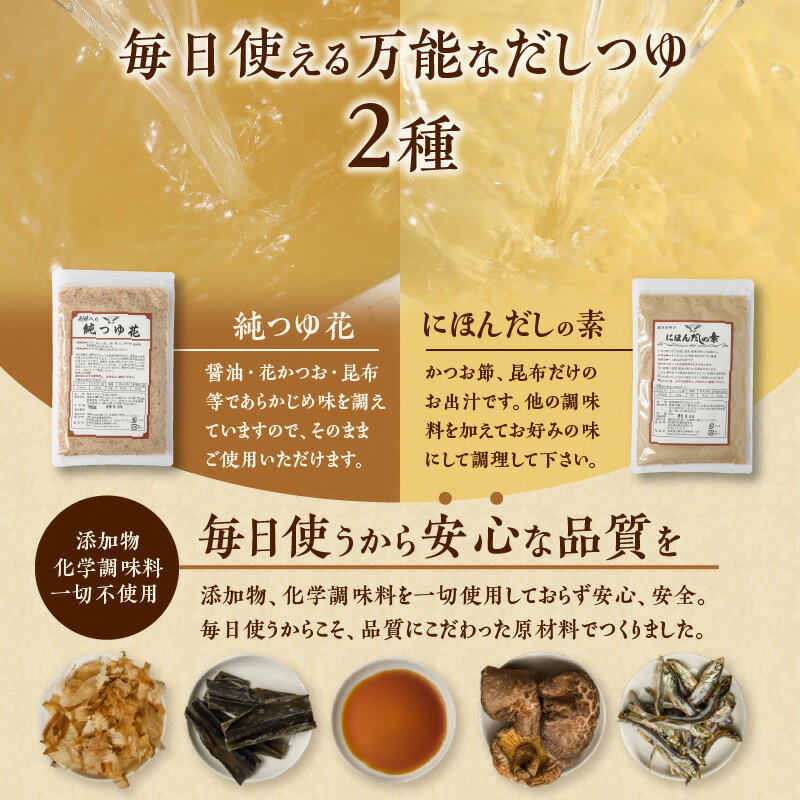 【ふるさと納税】忙しい主婦の味方 だし つゆ セット 純つゆ花 にほんだしの素 200g 詰め合わせ だしの素 万能調味料 無添加 調味料 うどんつゆ かつお節 昆布 おでん 鍋 茶碗蒸し 味噌汁 おひたし 奈良県 生駒市 送料無料 サムネイル3