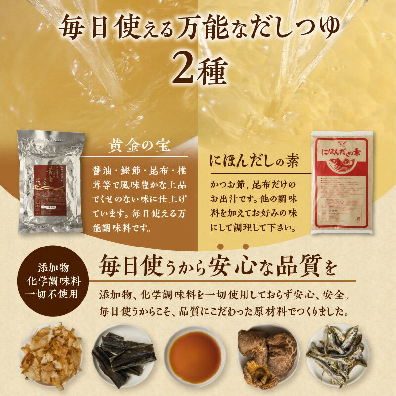 【ふるさと納税】忙しい主婦の味方 だし つゆ セット 黄金の宝 にほんだしの素 500g だしの素 詰め合わせ 万能調味料 無添加 お出し 調味料 かつお節 昆布 おでん 鍋 茶碗蒸し 味噌汁 おひたし 煮物 奈良県 生駒市 送料無料 サムネイル3
