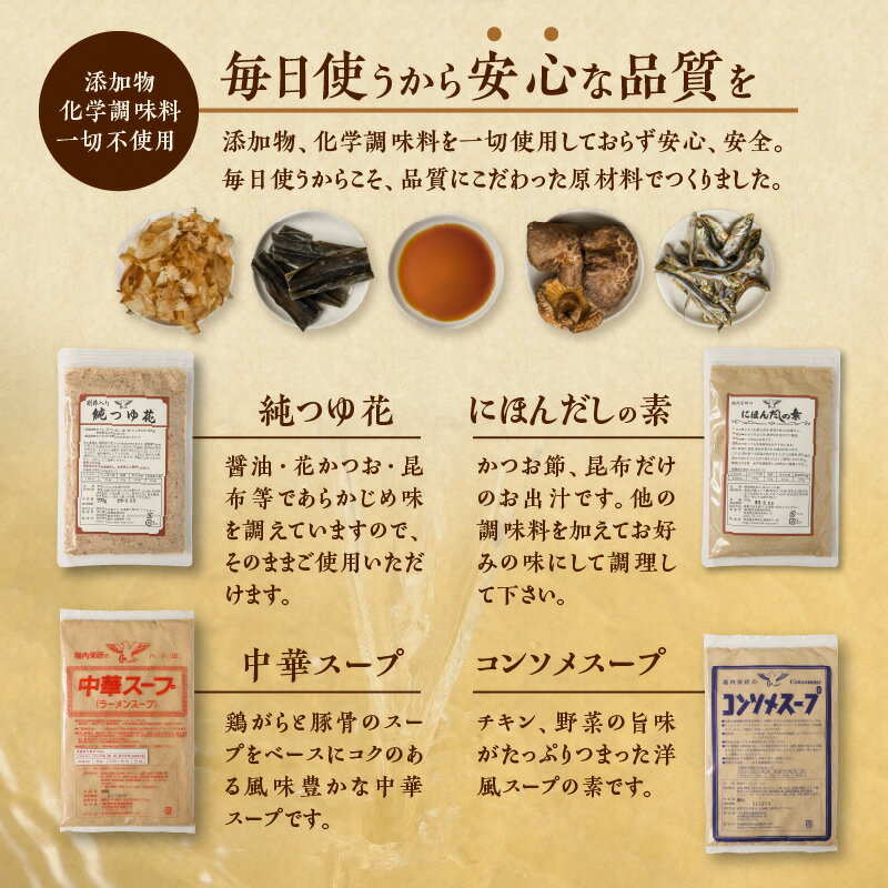 【ふるさと納税】忙しい主婦の味方 だし つゆ 詰め合わせ セット 無添加 化学調味料不使用 純つゆ花 にほんだしの素 200g 3個 中華スープ コンソメスープ 500g 万能調味料 調味料 ラーメンスープ うどんつゆ おでん 鍋 みそ汁 中華料理 奈良県 生駒市 送料無料 サムネイル3