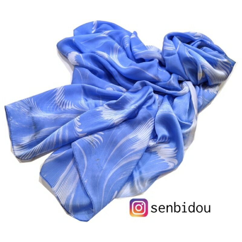 【限定1点物】墨流し染 シルク ロングストール 青羽柄 大判 ／ 染美堂 絹 サテン織 ストール 奈良県 葛城市