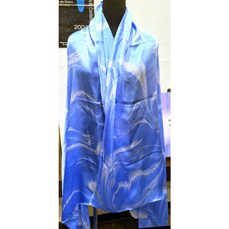 【ふるさと納税】【限定1点物】墨流し染 シルク ロングストール 青羽柄 大判 ／ 染美堂 絹 サテン織 ストール 奈良県 葛城市 サムネイル3