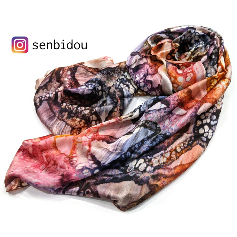 【限定1点物】 墨流し染 シルク ロングストール (モダン泡柄) ／ 染美堂 絹 サテン織 超大判 ストール 奈良県 葛城市