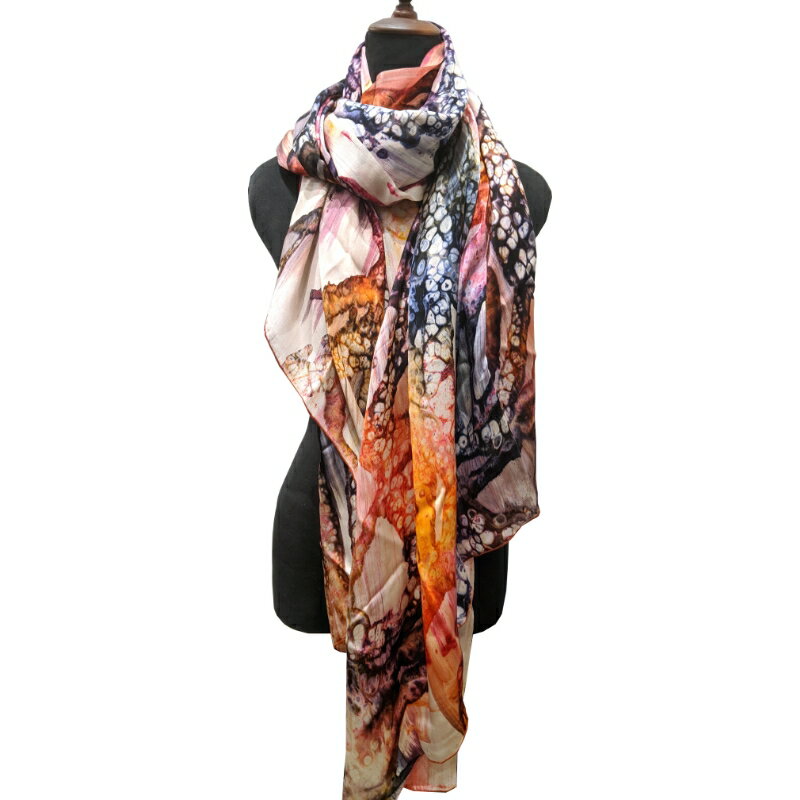 【ふるさと納税】【限定1点物】 墨流し染 シルク ロングストール (モダン泡柄) ／ 染美堂 絹 サテン織 超大判 ストール 奈良県 葛城市 サムネイル3