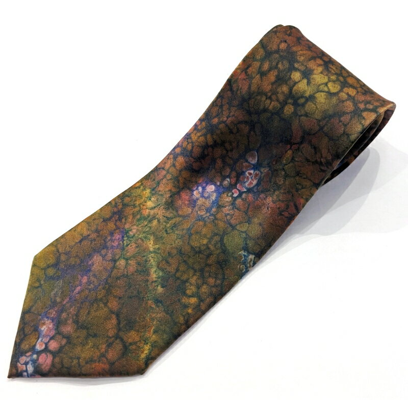 墨流し染 シルク ネクタイ (01緑泡柄) ／ 染美堂 一点物 絹 現代風 アート サテン織 贈り物 上品 奈良県 葛城市