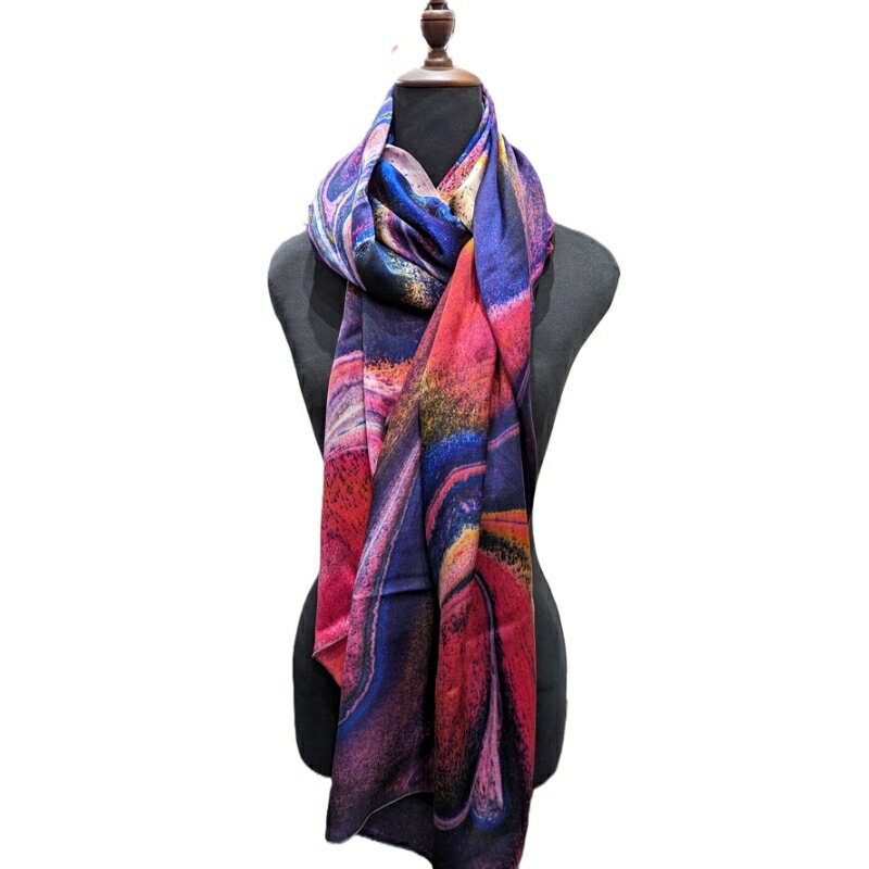 墨流し染 シルク ロングストール (マーブル模様) ／ 染美堂 一点物 絹 ストール 大判 現代風 アート サテン織 贈り物 上品 奈良県 葛城市