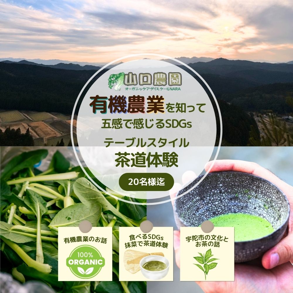 有機農業 を知って五感で感じる SDGs テーブル スタイル 茶道体験 20名様迄／ Nara Green 抹菜 オーガニック ビレッジ 薬草 茶の本 農家 有機野菜 無農薬 関西 チケット 山口農園 奈良県 宇陀市