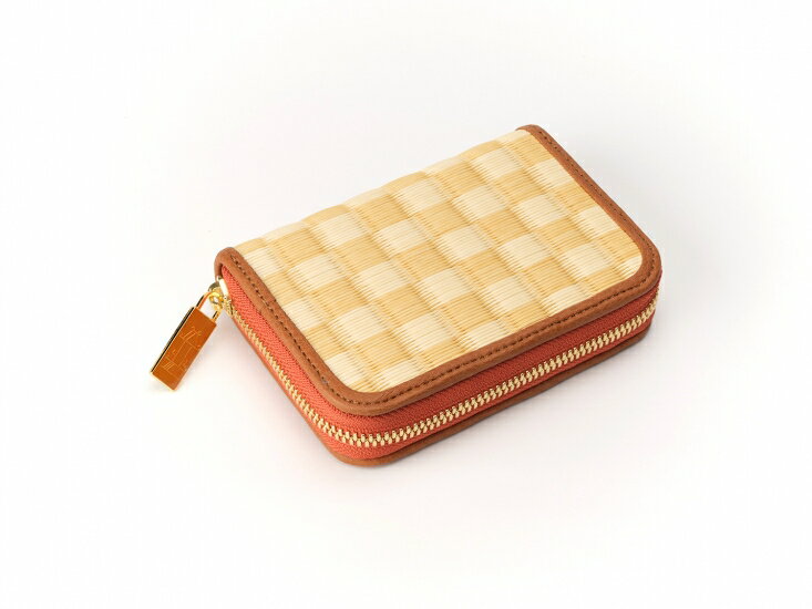 葵 (Aoi) ラウンドカードケース 鳳凰・黄 ／ 織田畳店 セキスイ樹脂製表 畳表 高級感 本革 京西陣金襴織物 奈良県 田原本町