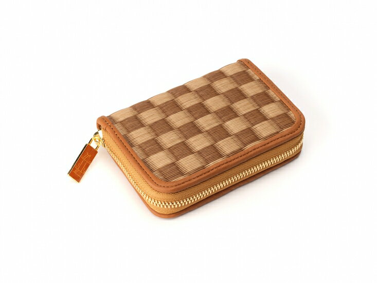 葵 (Aoi) ラウンドカードケース 鶴・茶 ／ 織田畳店 セキスイ樹脂製表 畳表 高級感 本革 京西陣金襴織物 奈良県 田原本町